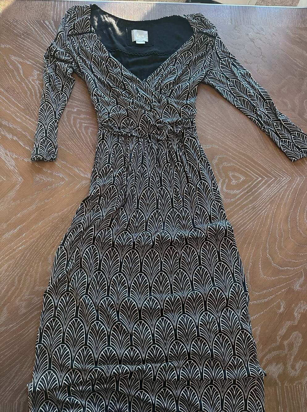 Anthropologie Maeve Galena Black and White Art Deco Print V-Neck Midi Dress